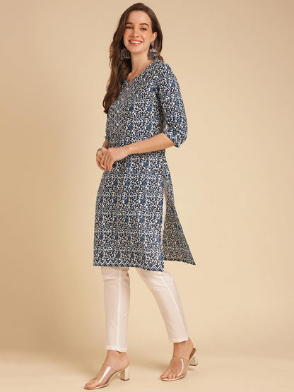 rangita Blue Cotton Knee Length Embellished Straight Kurti | Kurta for Women