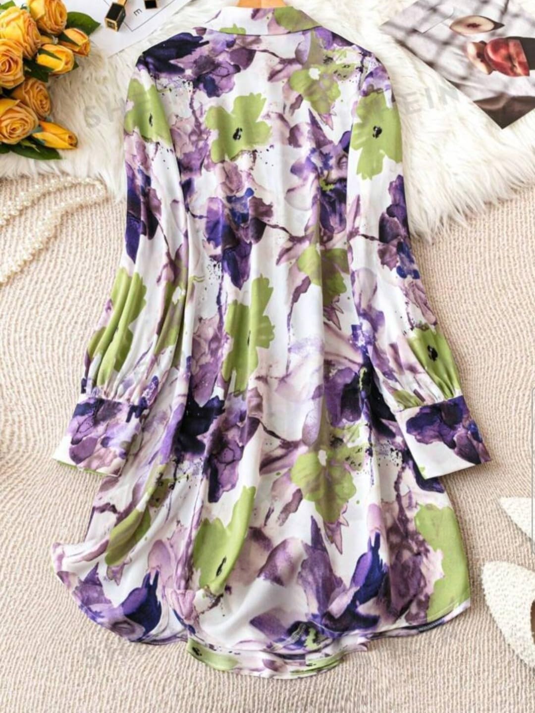 Gufrina WomenS Rayon Dress With Long Puff Sleeves Mandarin Collared Neck Tie Die Printed A-Line Style Regular Fit And Knee Leng