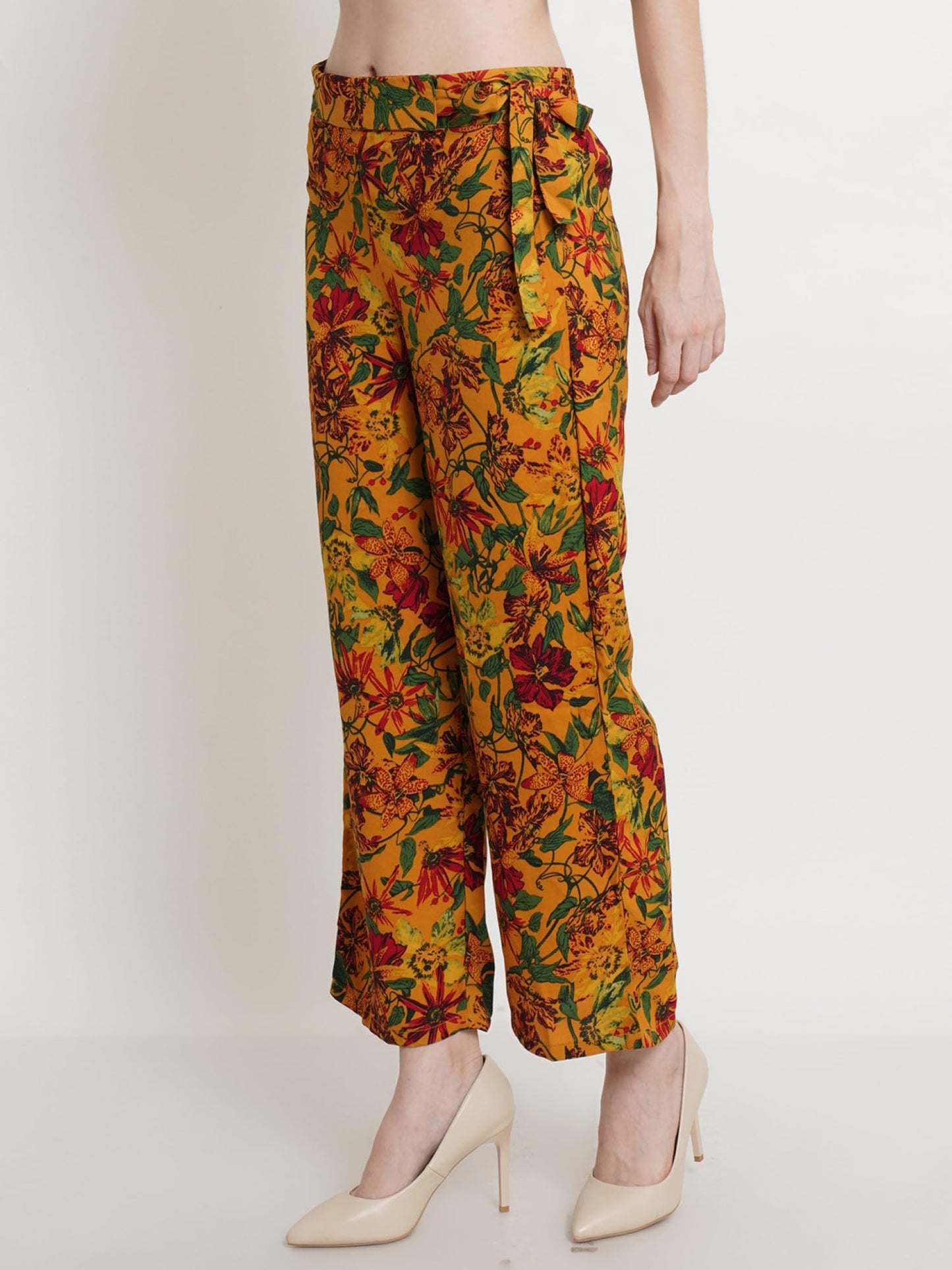 Popwings Casual Mustard Floral Printed Regular Fit Palazzo For Women Palazzos For Women