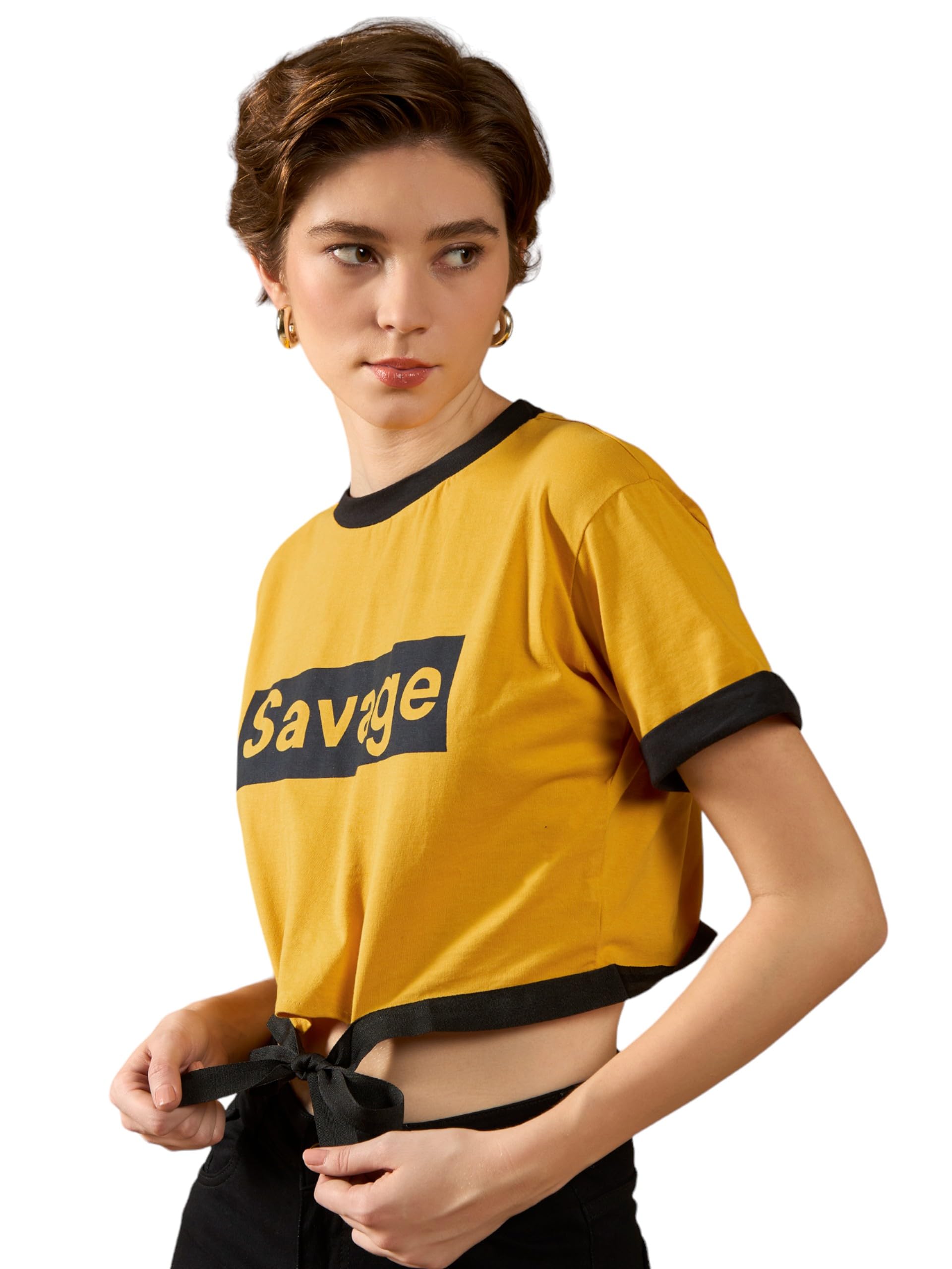 Dolce Crudo Womens Round Neck Short Sleeve Printed T-Shirt(DOAW24TS99-01-298-06, Mustard and Black, XL)