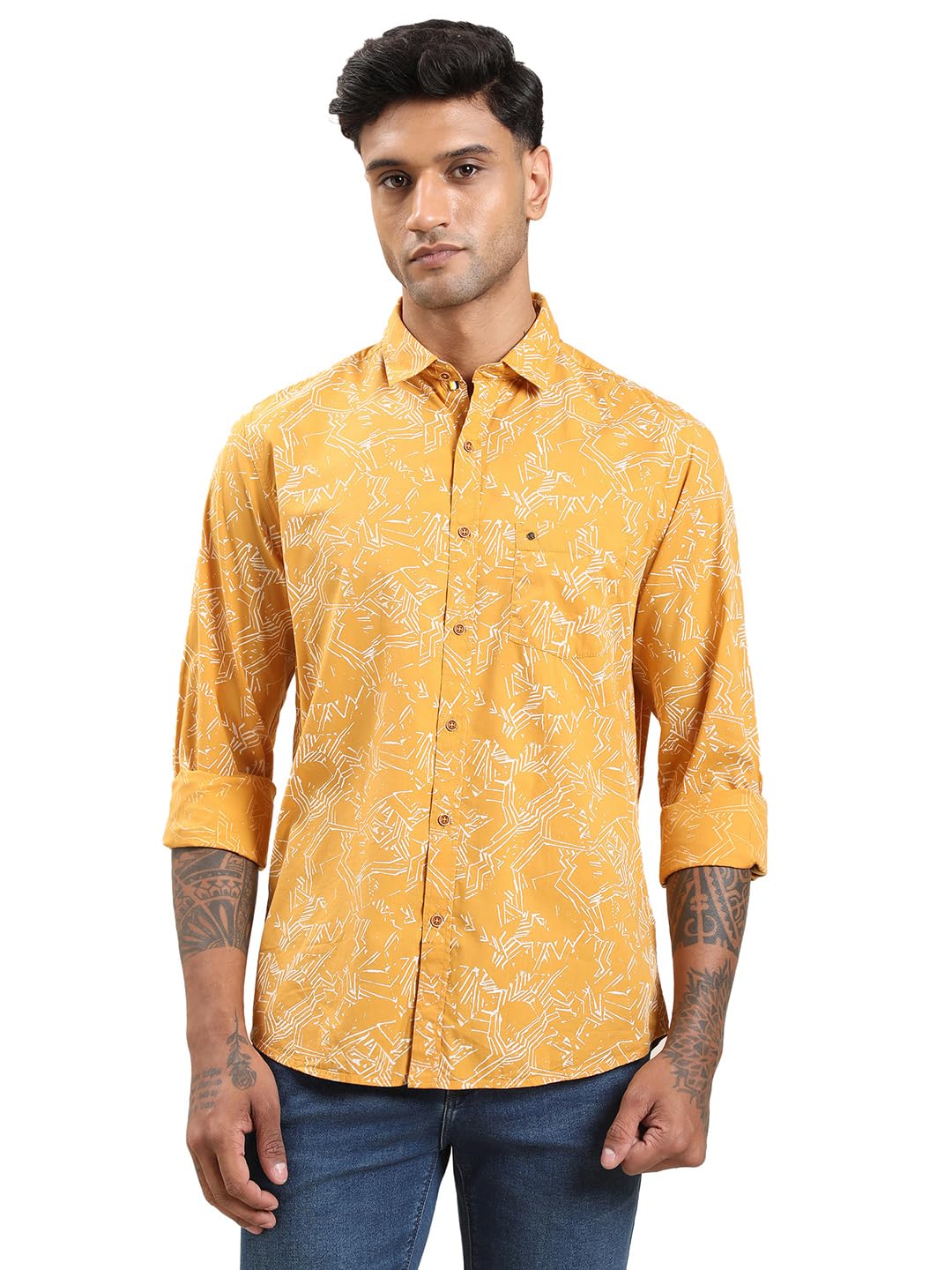 Turtle Men Yellow Slim Fit Printed Cotton Viscose Casual Shirt