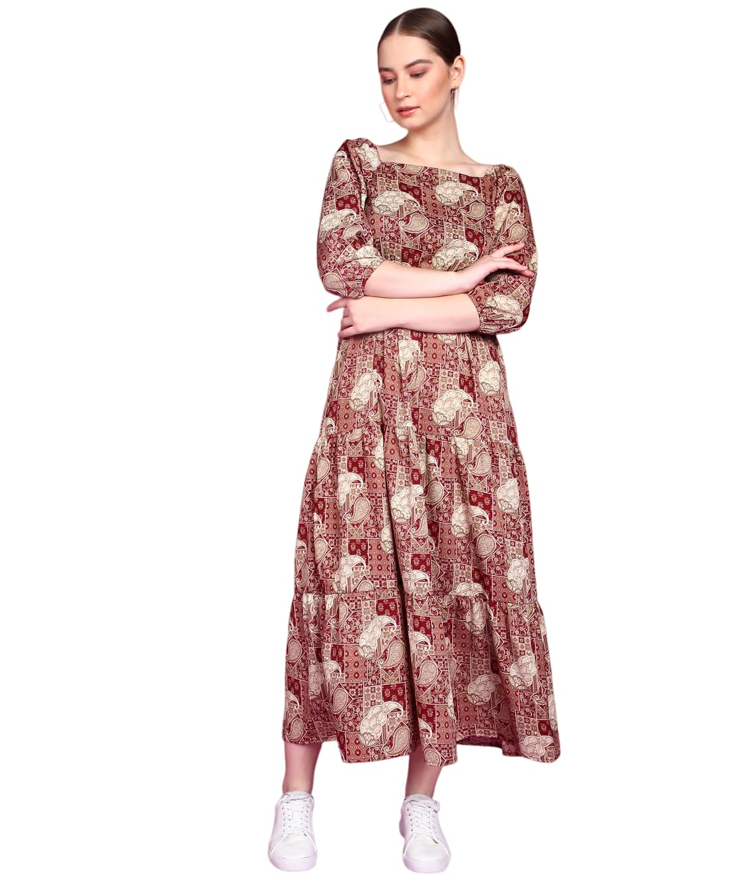 Popwings Women Casual Maroon Paisely Print Long Maxi Dress Dress | Stylish Dress | Trendy Dress
