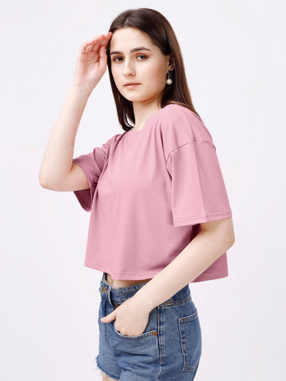 ELLITI Soft Rich Cotton Rose Gold Half Sleeve | Round Neck | Oversized/Loose Fit | Down Solder | Plain/Soild Crop Top for Women