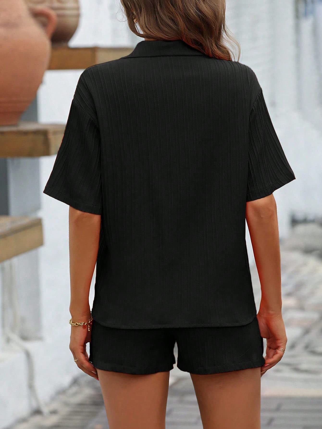 Shasmi Women & Girls Black Solid Color Button Front Vacation Solid Texture Short Sleeve Loose Fit Drop Shoulder Pocket Shirt and