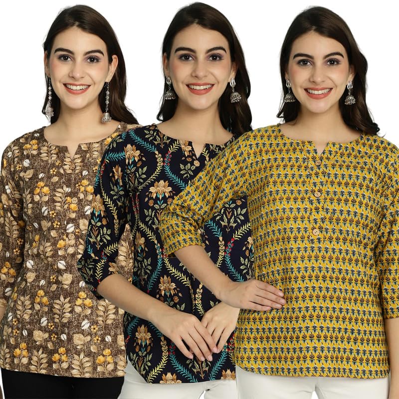 Pinkmint Tunic Top for Women ll Stylish Printed V Neck Button Down Combo Tops ll Stylish Short Top ll (Pack of 3)
