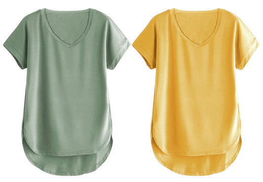 Fabricorn Combo Of Plain Sage Green And Mustard Yellow V- Neck Up And Down Cotton Tshirt For Women (Sage Green And Mustard Yello