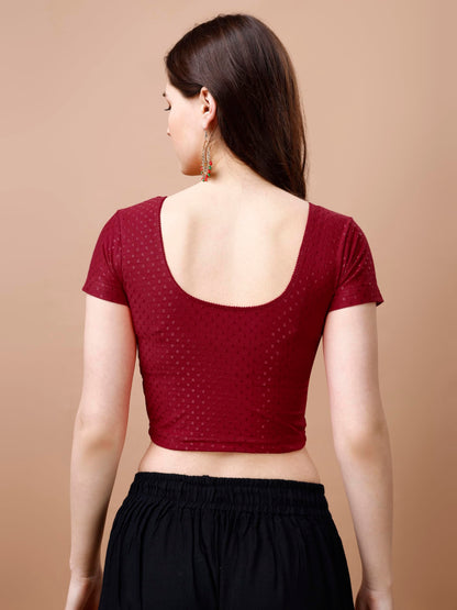 Pujia Mills Womens Readymade Dobby Cotton Lycra Stretchable Round Neck Short Sleeve Blouse Fancy Maroon Color Lycra Stretchable
