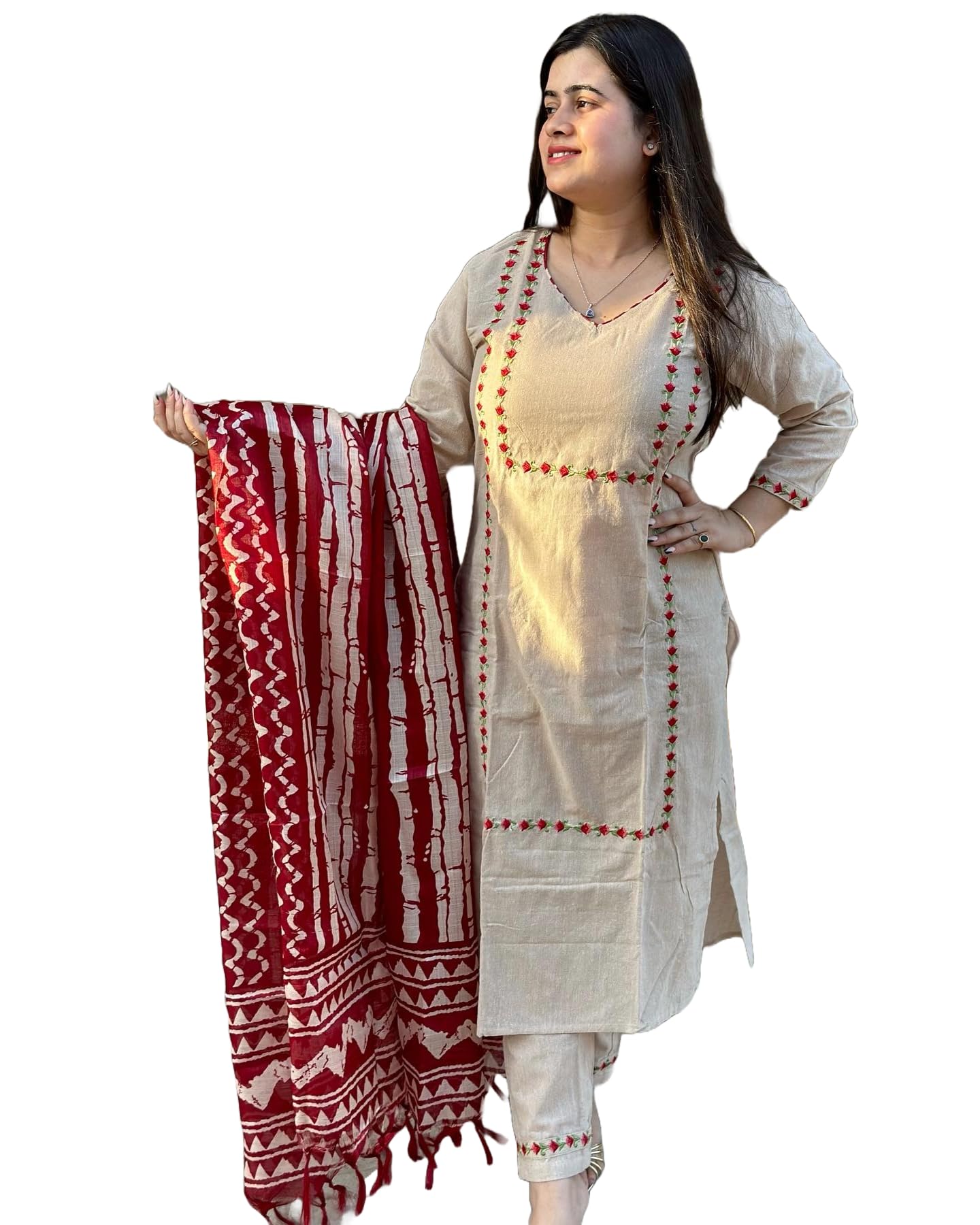 GoSriKi Womens Cotton Blend Straight Embroidered Kurta with Pant & Dupatta (DD Beige-NW-GS_XXL_Beige_XX-Large)