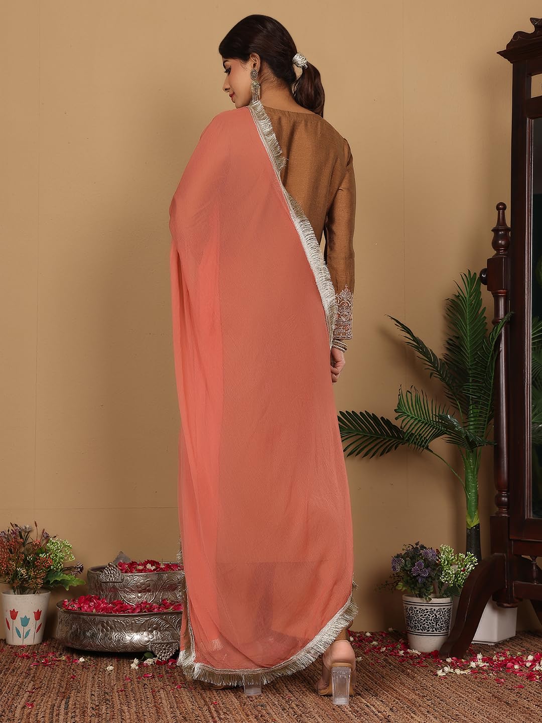 Varanga Women Mustard Zari Embroidered Kurta with Bottom and Dupatta