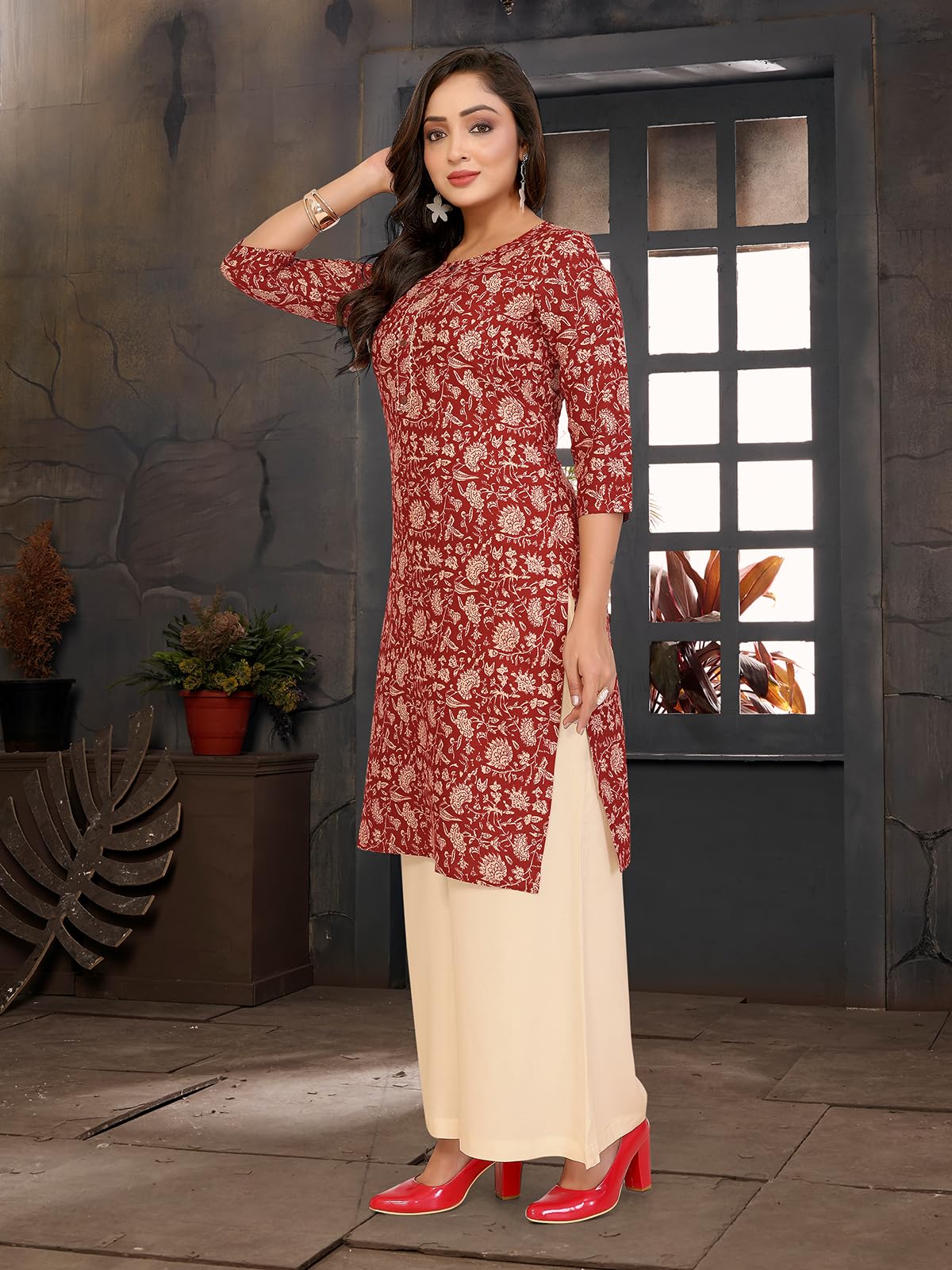 Rangita Maroon Rayon Straight Printed Knee Length Kurti | Kurta For Women_Xl