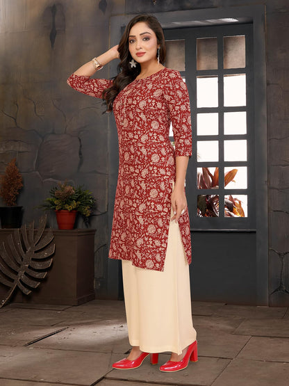 rangita Maroon Rayon Straight Printed Knee Length Kurti | Kurta for Women_S