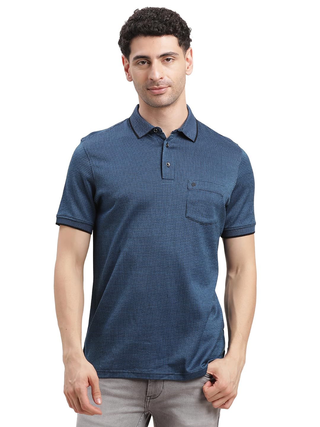 Turtle Men Slim Fit Self Design Blue Pure Cotton Polo Tshirt