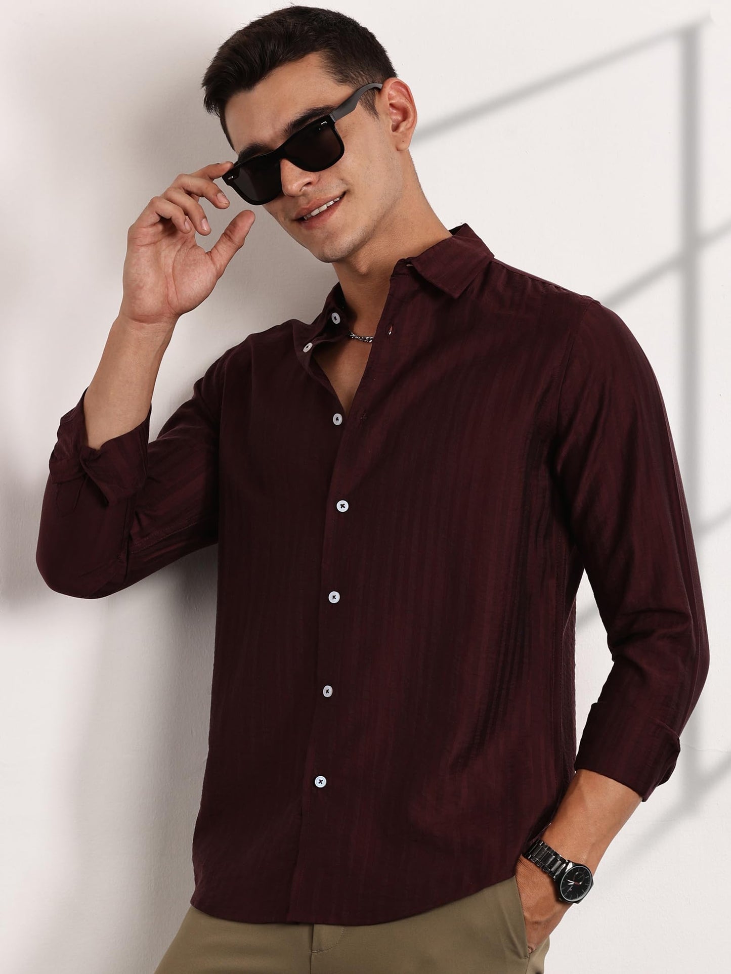 Thomas Scott Slim Fit | Long Sleeve | French Placket | 100% Cotton | Solid Colors | Shirts for Mens Wine