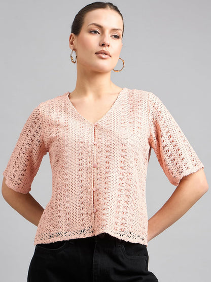 Style Quotient Women Peach Lace Casual Shirt Style Top
