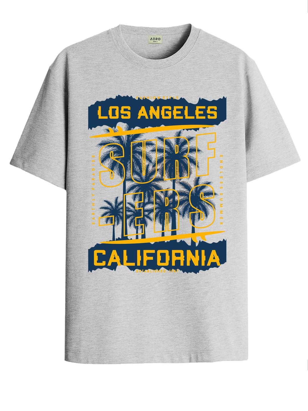 ADRO LA Surfers California Printed T-Shirt for Men - 100% Cotton, Regular Fit, Soft Breathable Fabric. (RN23-M-SRF-GR_Grey)