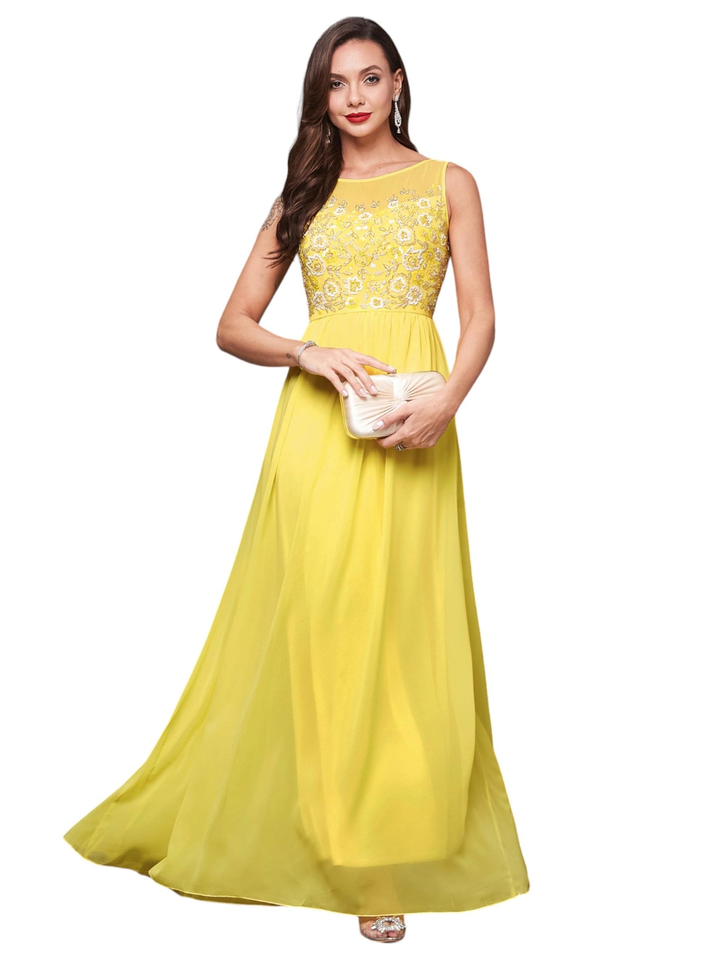 Miss Chase WomenS Boat Neck Sleeveless Embroidered Maxi Dress (Mcss25D93-48-304-03, Light Yellow, S)