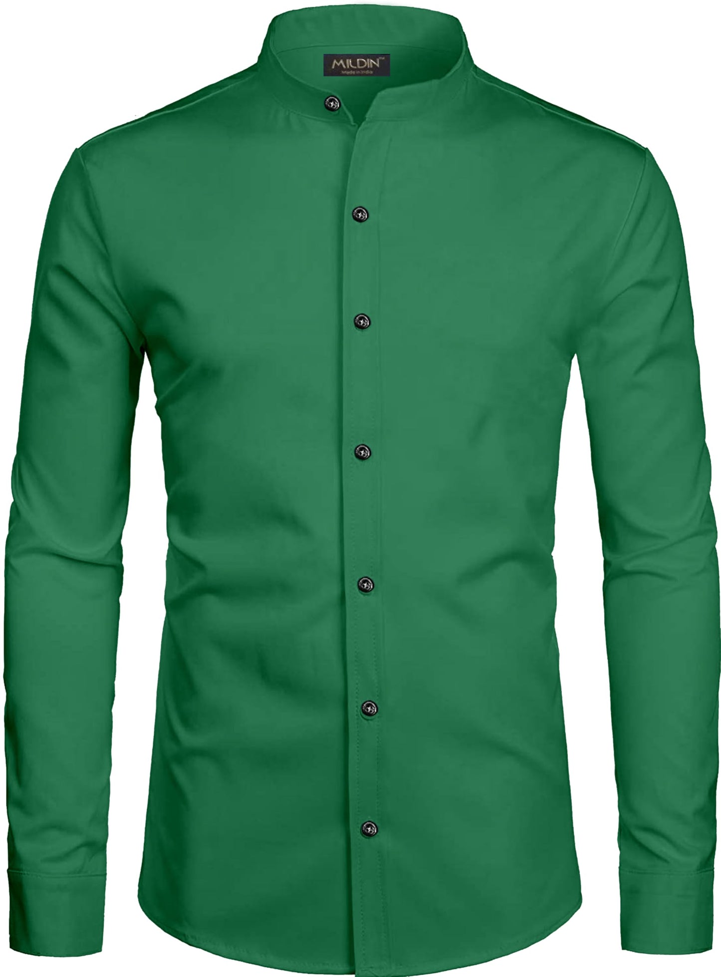 Mildin MenS Regular Cotton Blend Light Green Slim Fit Solid Button Down Mandarin Chinese Collar Full Sleeve Curved Hemline Casu