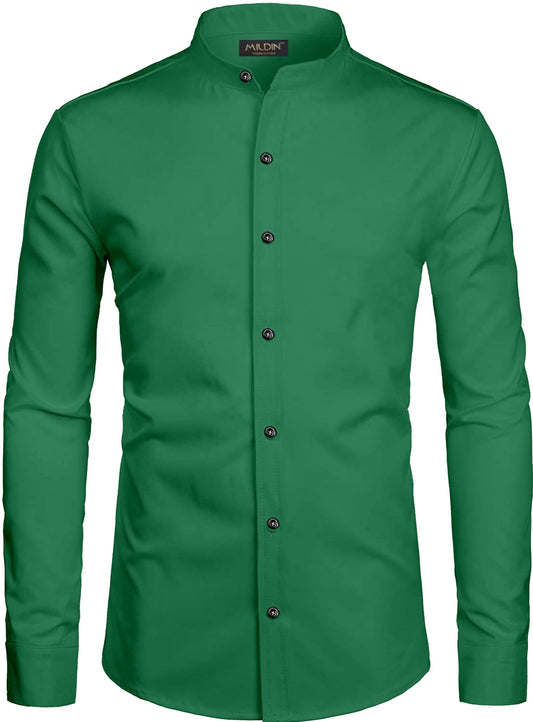 Mildin MenS Regular Cotton Blend Light Green Slim Fit Solid Button Down Mandarin Chinese Collar Full Sleeve Curved Hemline Casu
