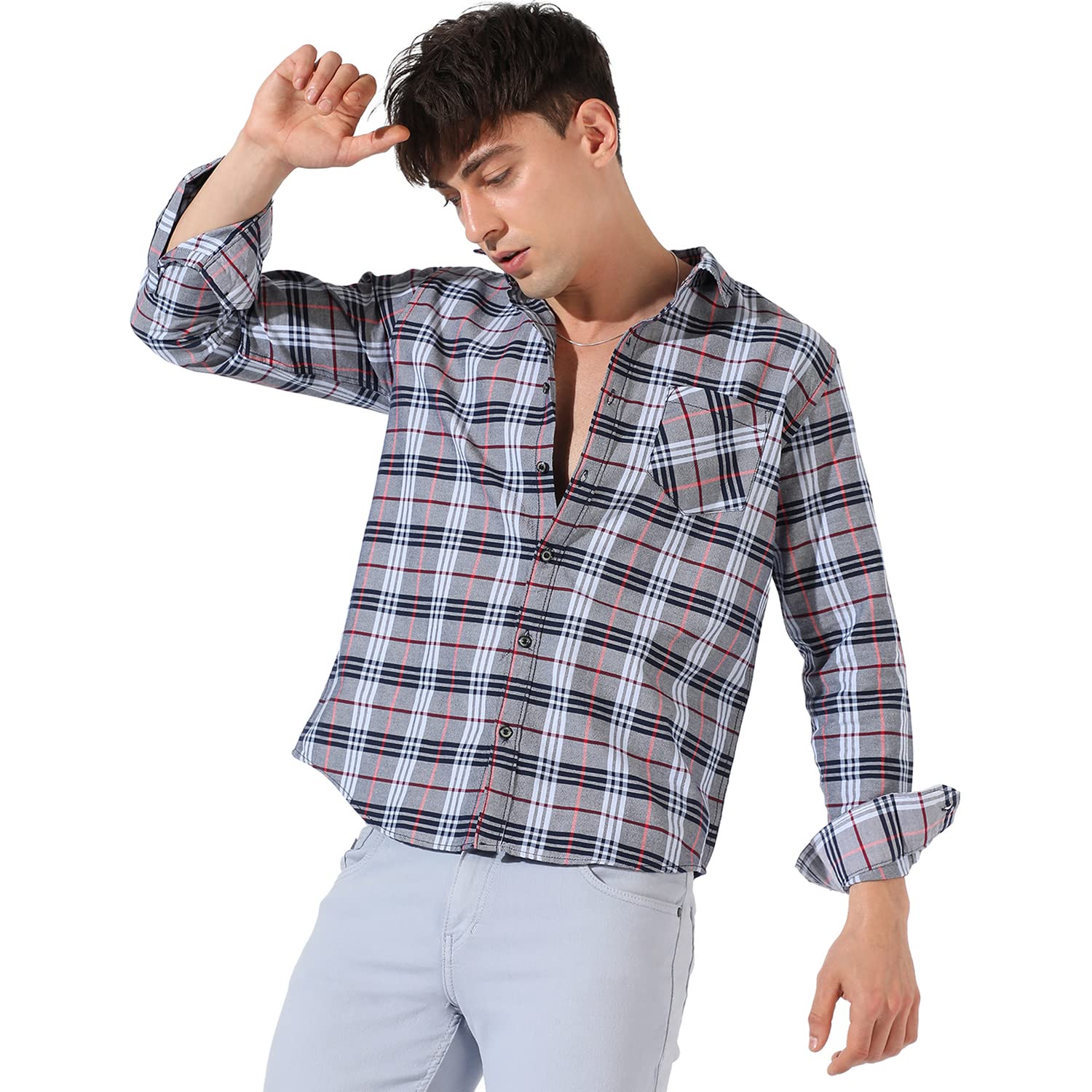 Campus Sutra Mens Checkered Grey Button Up Collared Shirt for Casual Wear | Shirt Crafted with Regular Sleeve, Comfort Fit & Hi