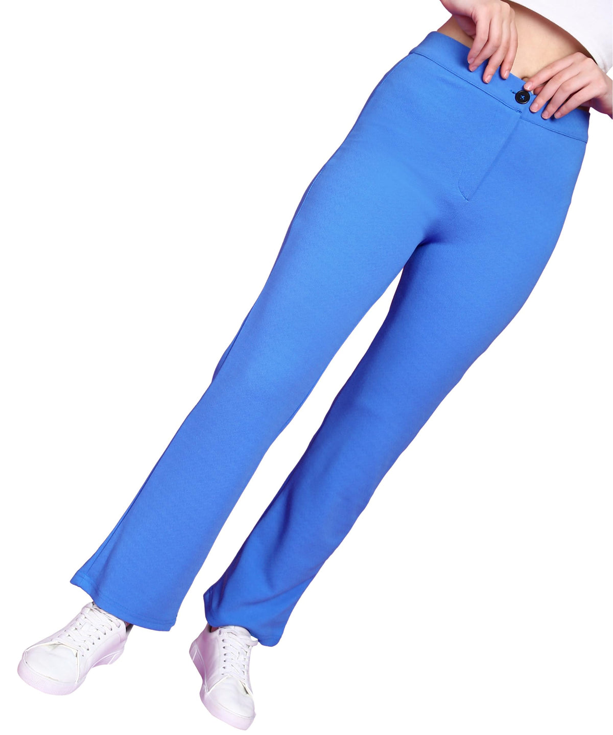 POPWINGS Women Casual Blue Self Designed Solid Formal Trousers Trousers | Stylish Trousers | Regular Wear Trousers