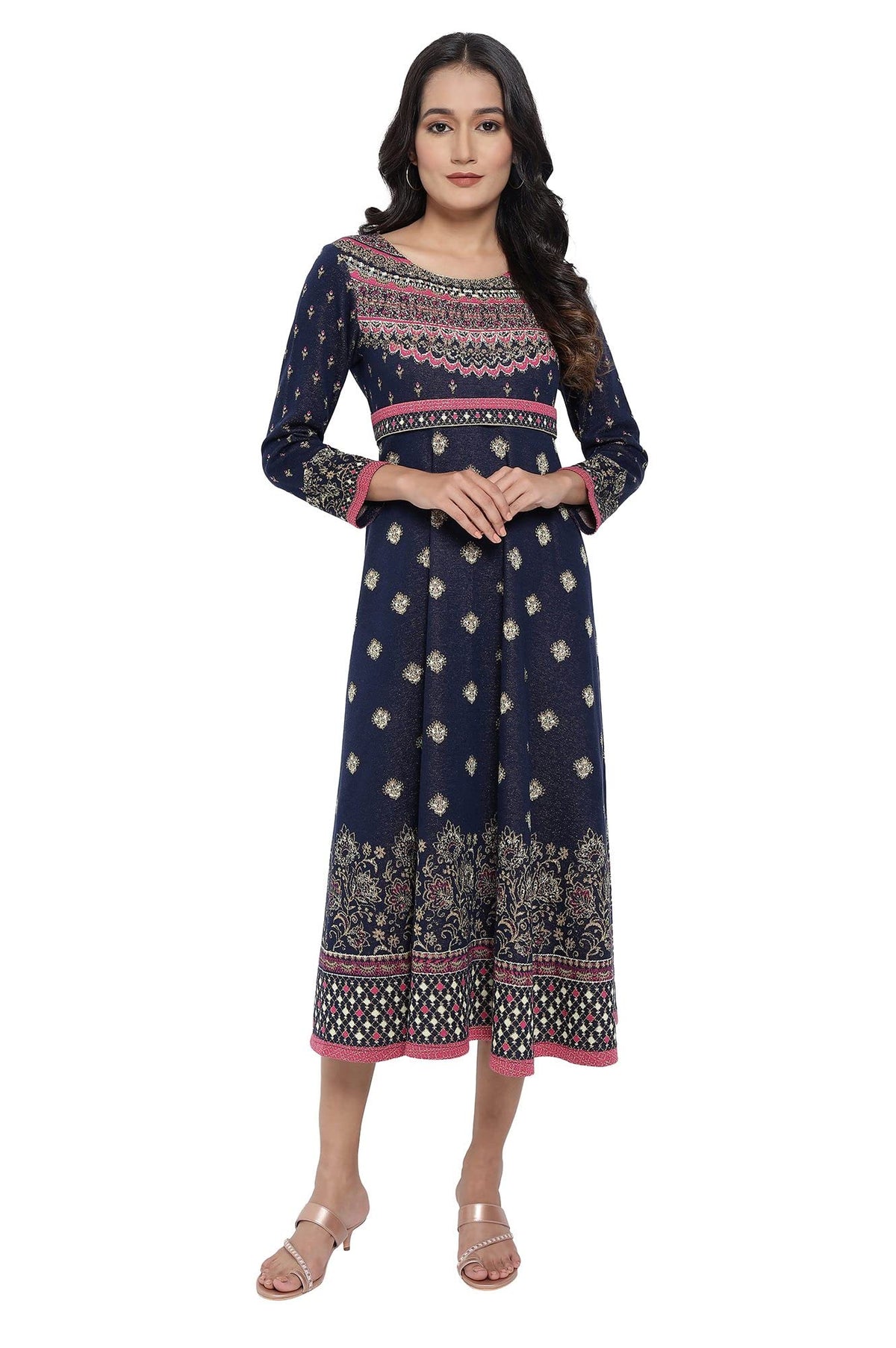 Aurelia WomenS Polyester Blend Blue Jacquard Dress Below The Knee (21Noa12751-702426 L)