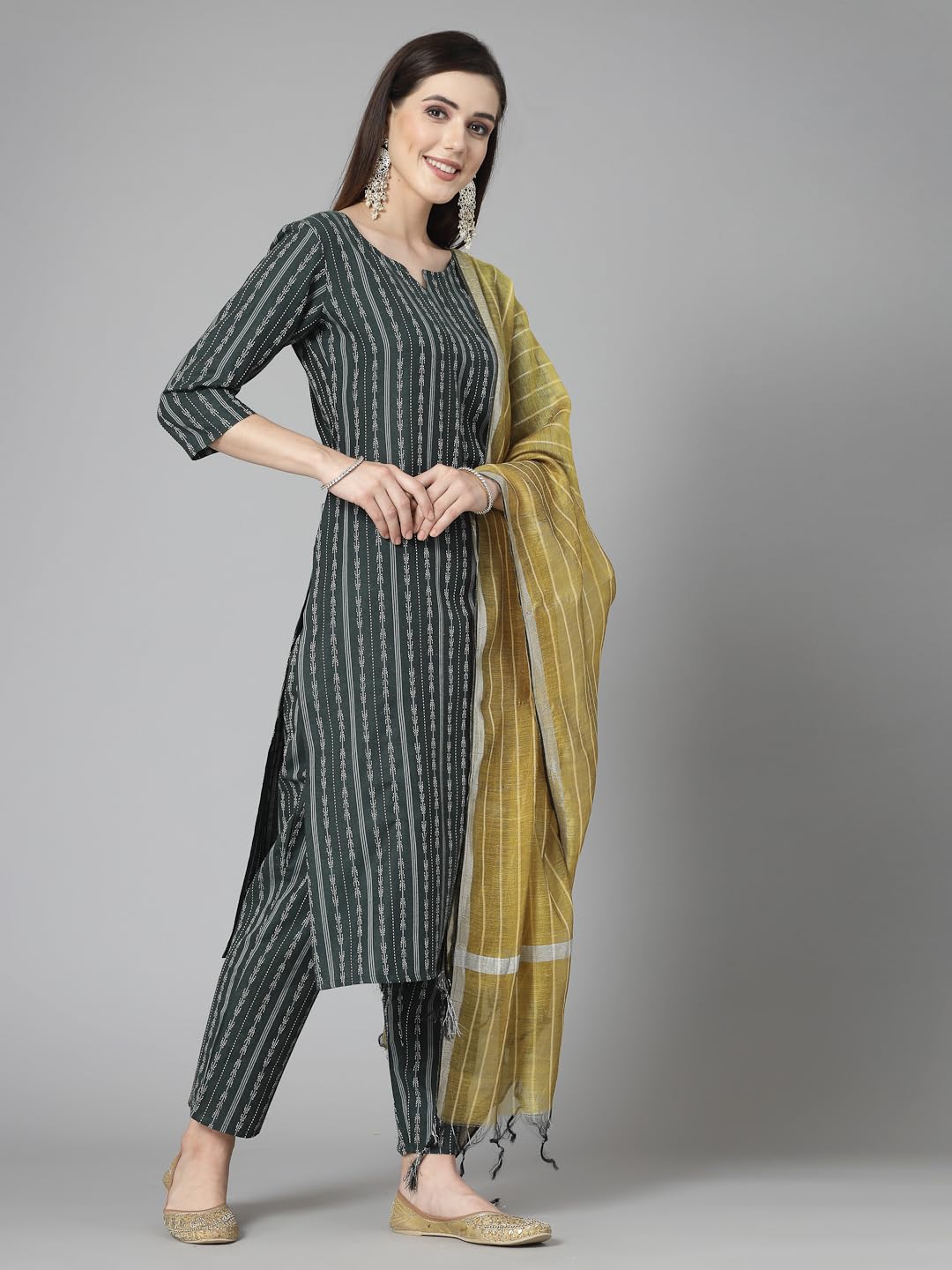 Stylum Women's Woven Design Cotton Blend Straight Kurta Pant Dupatta Set (KPDRABBITGREEN_Dark Green)