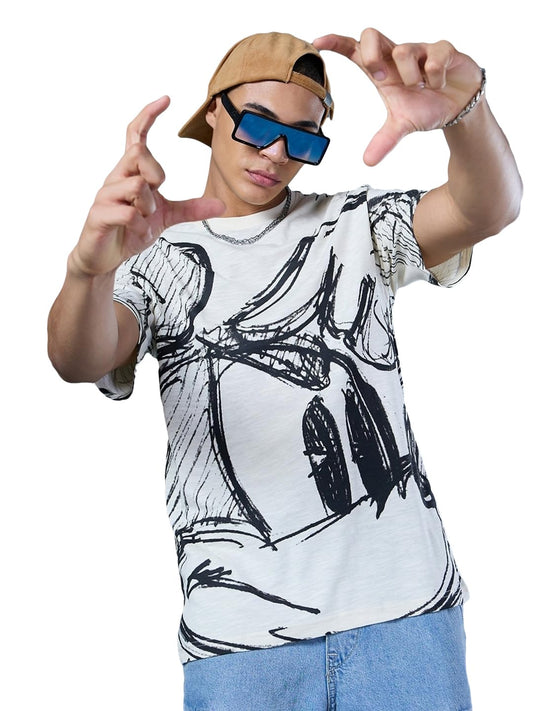 Bewakoof Air 1.0 Official Disney Merchandise Mens All Over Printed Oversized Fit Half Sleeve Round Neck Cotton T-Shirt_604525_B