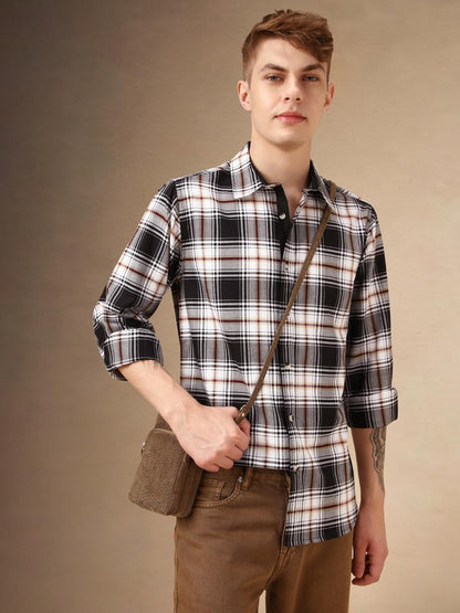 Dennis Lingo Men Black 100% Cotton Full Sleeve Spread Collar Checks Shirts_Dlmshjas24015_Bk
