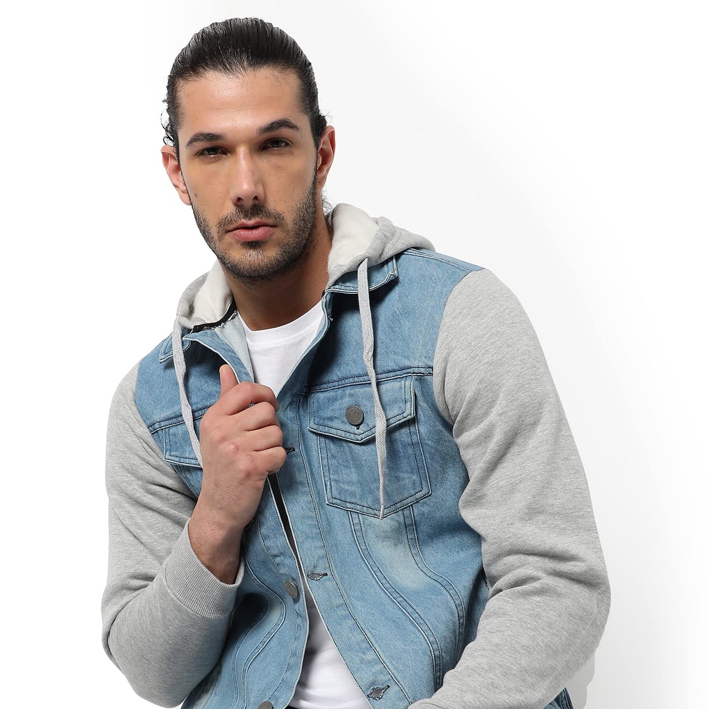 Campus Sutra Mens Cotton Colour-Blocked Denim Jacket with Hoodie | Structured Jacket with Comfort Fit, Regular Full Sleeves and