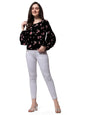 Black Floral Print Blouson Top in Crepe Fabric with Round Neck and Full Sleeve