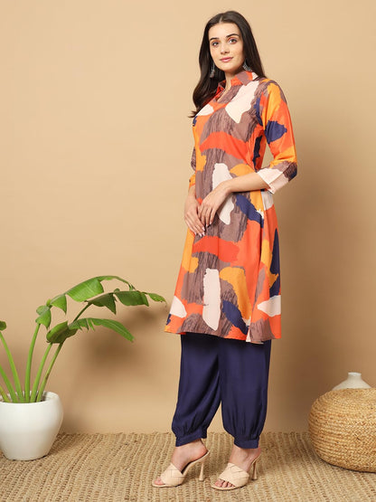 Gufrina Women's Co-Ords Set - Orange and Navy Abstract Print Shirt Collar Kurti with 3/4 Sleeves and Harem Pants, Rayon Fabric