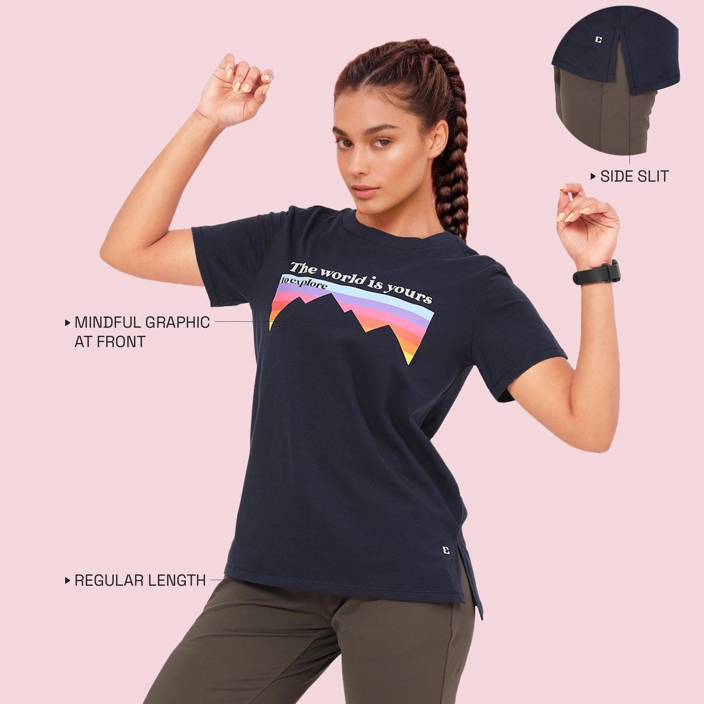 Enamor Womens Graphic Relaxed Fit T-Shirt (A301_Navy Explore