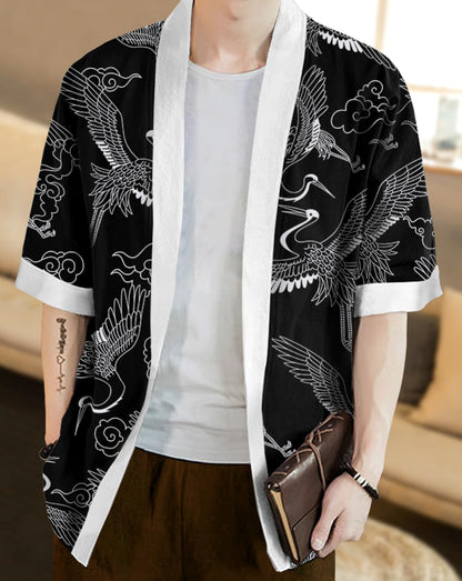 Eyebogler Men Cotton Blend Casual Printed Open Shrug Black White