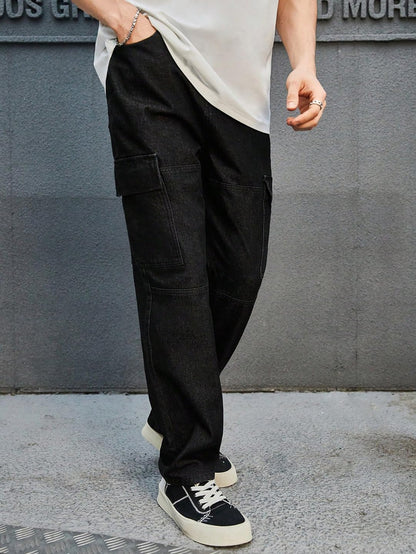Kotty MenS Solid Mid Rise Straight Fit Stylish Looking Cargo Jeans(Black,32)