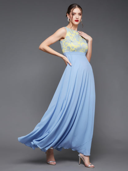 Miss Chase WomenS Round Neck Sleeveless Georgette Floral Lace Fit & Flare Maxi Dress Sky Blue