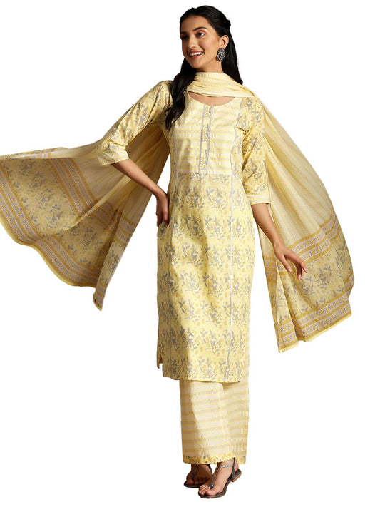 Libas Yellow Printed Cotton Straight Kurta With Palazzos & Dupatta