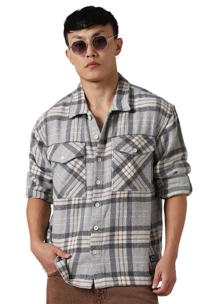 Hubberholme Men Cotton Check Oversized Fit Spread Collar Full Sleeves Casual Shirts