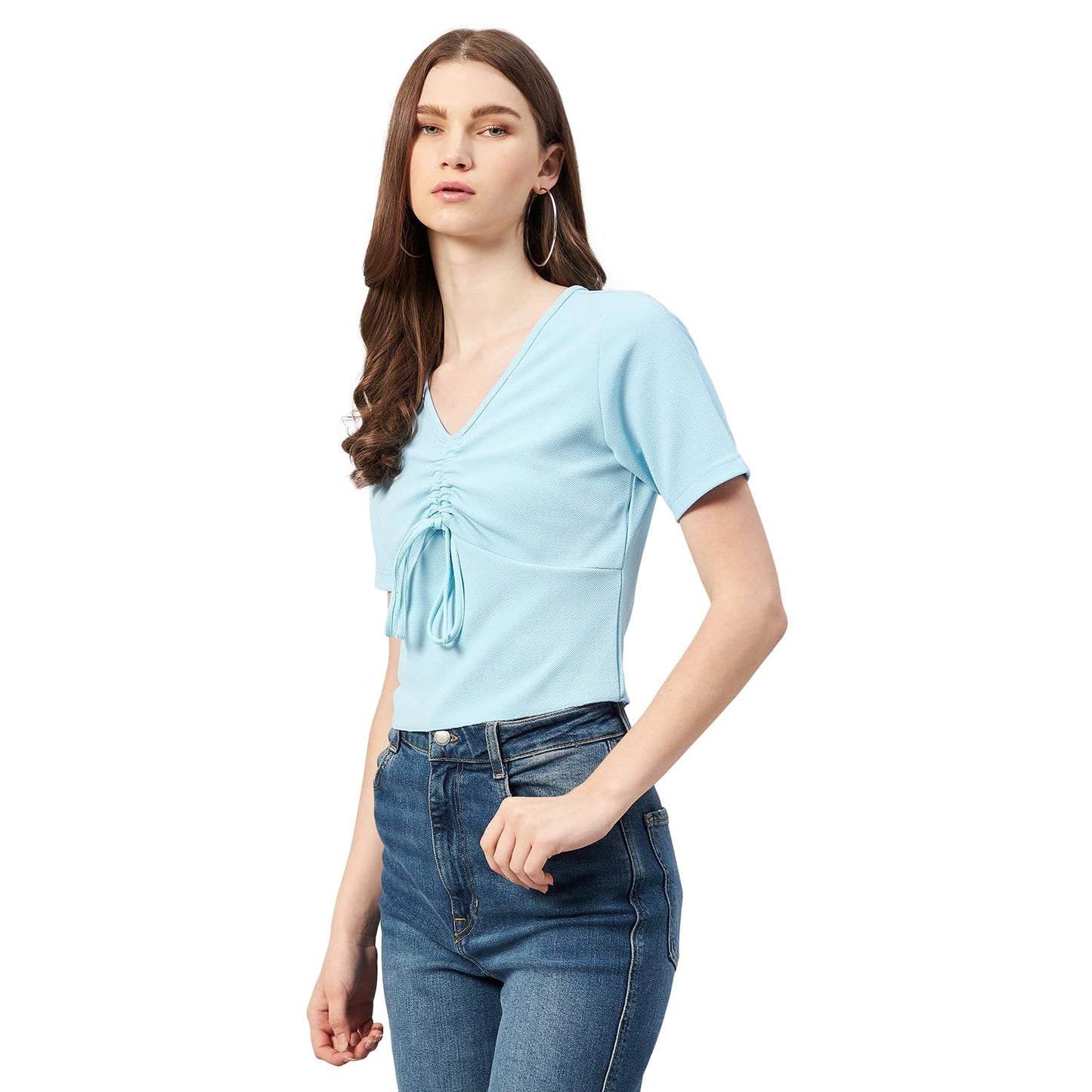 Rare Women Casual SkyBlue Colour V-Neck Solid Regular Top