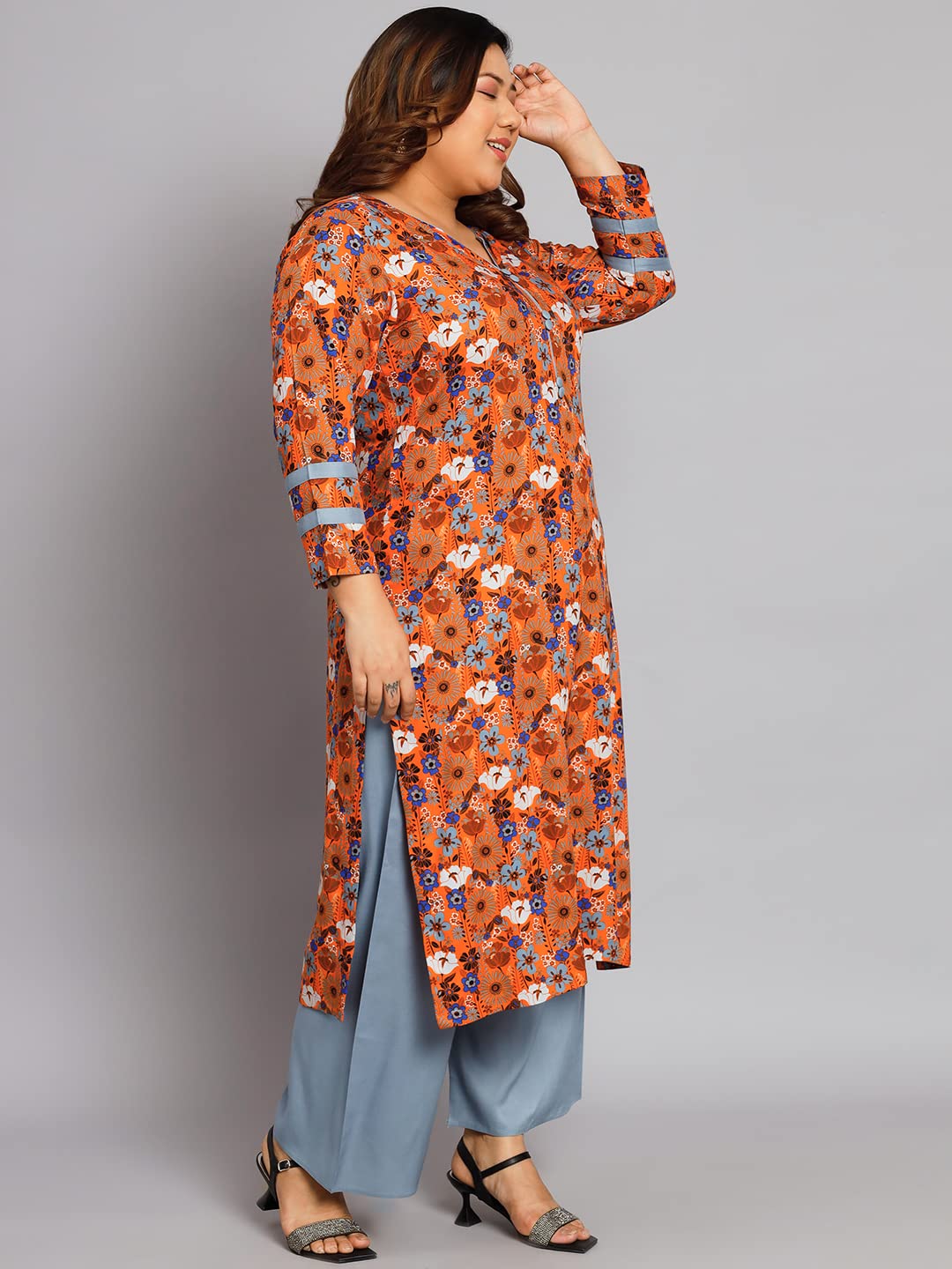 Tissu Women's Plus Size Orange & Blue Printed Kurta with Palazzo