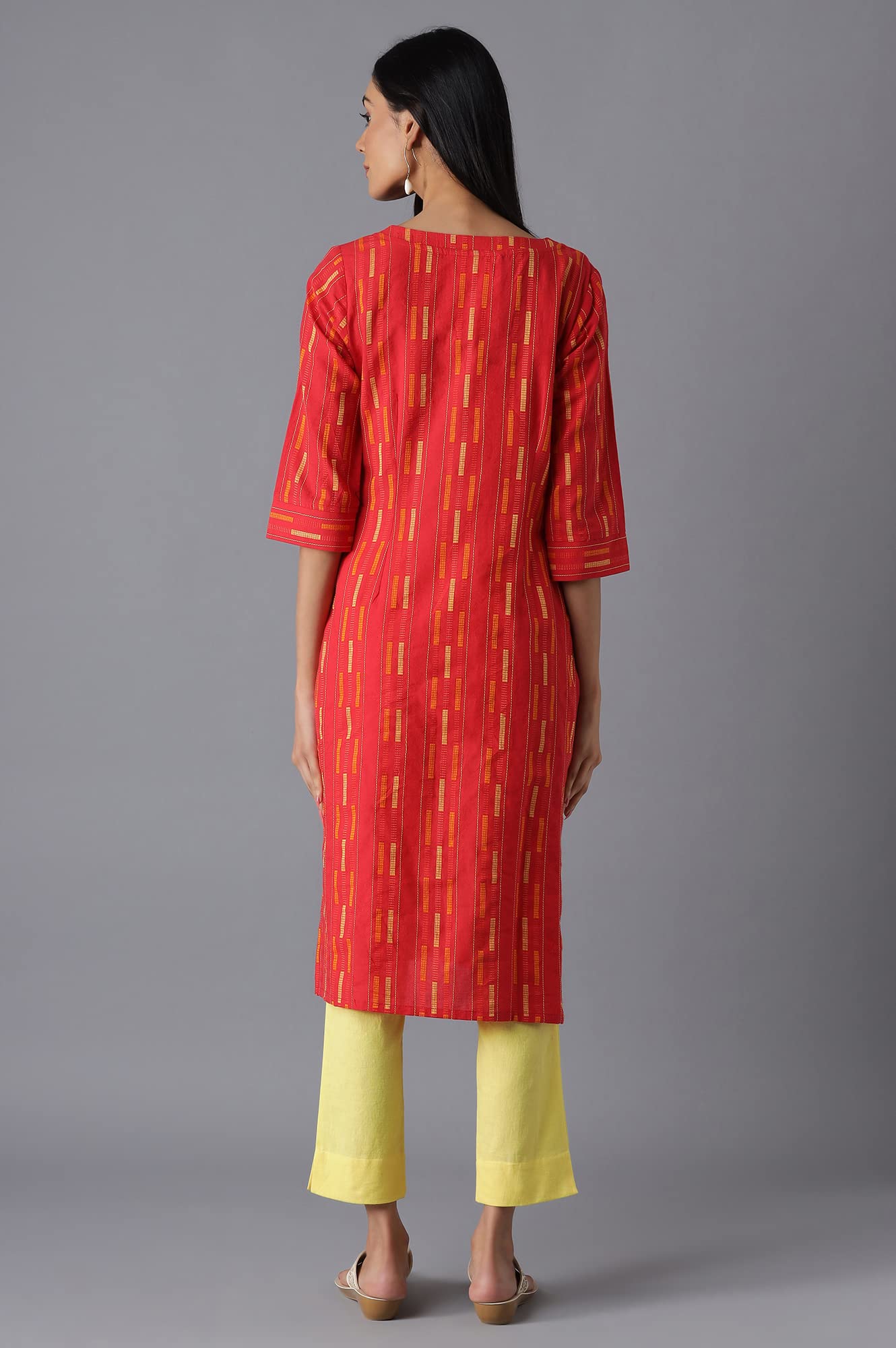 Aurelia Women's Cotton Red Geometric Band Collar Straight Kurta