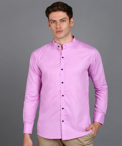 Mildin MenS Cotton Blend Solid Shirt With Mandarin Chinese Collar Full Sleeve Curved Hemline Button Closure Slim Fit | Shirt Fo