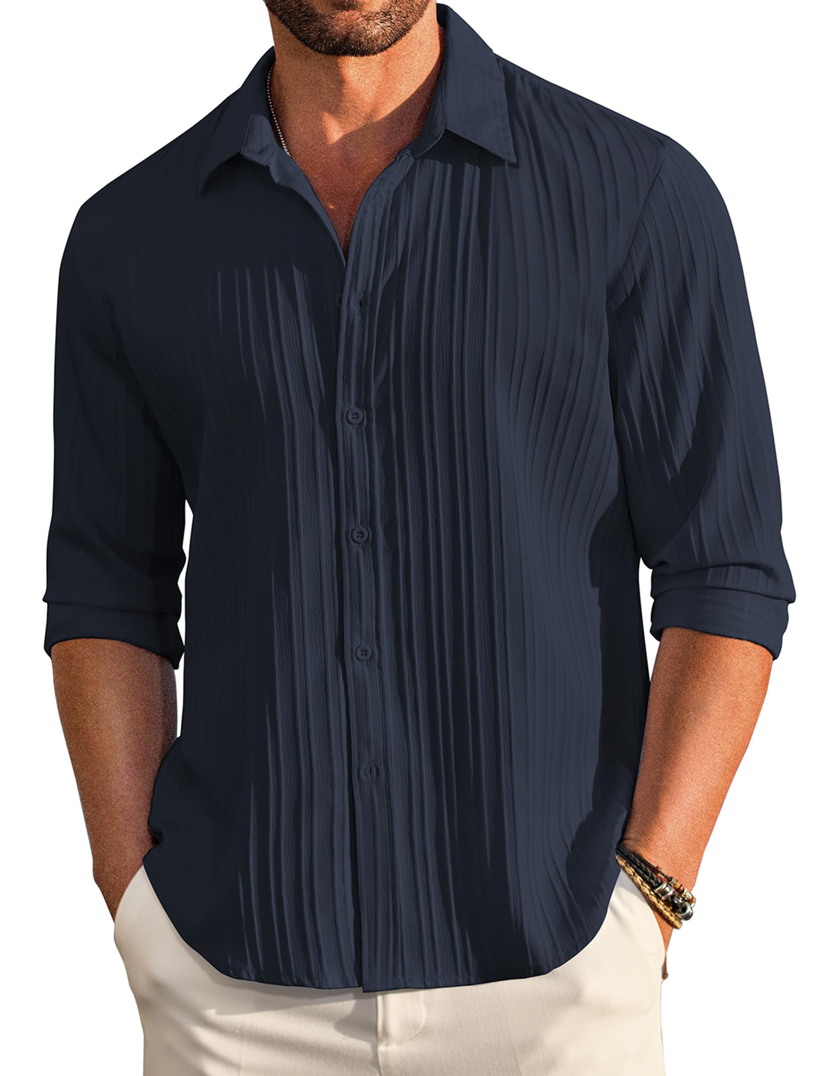 Deelmo MenS Casual Button Down Shirts Long Sleeve Linen Shirt Fashion Textured Beach Summer Shirt Navy Blue