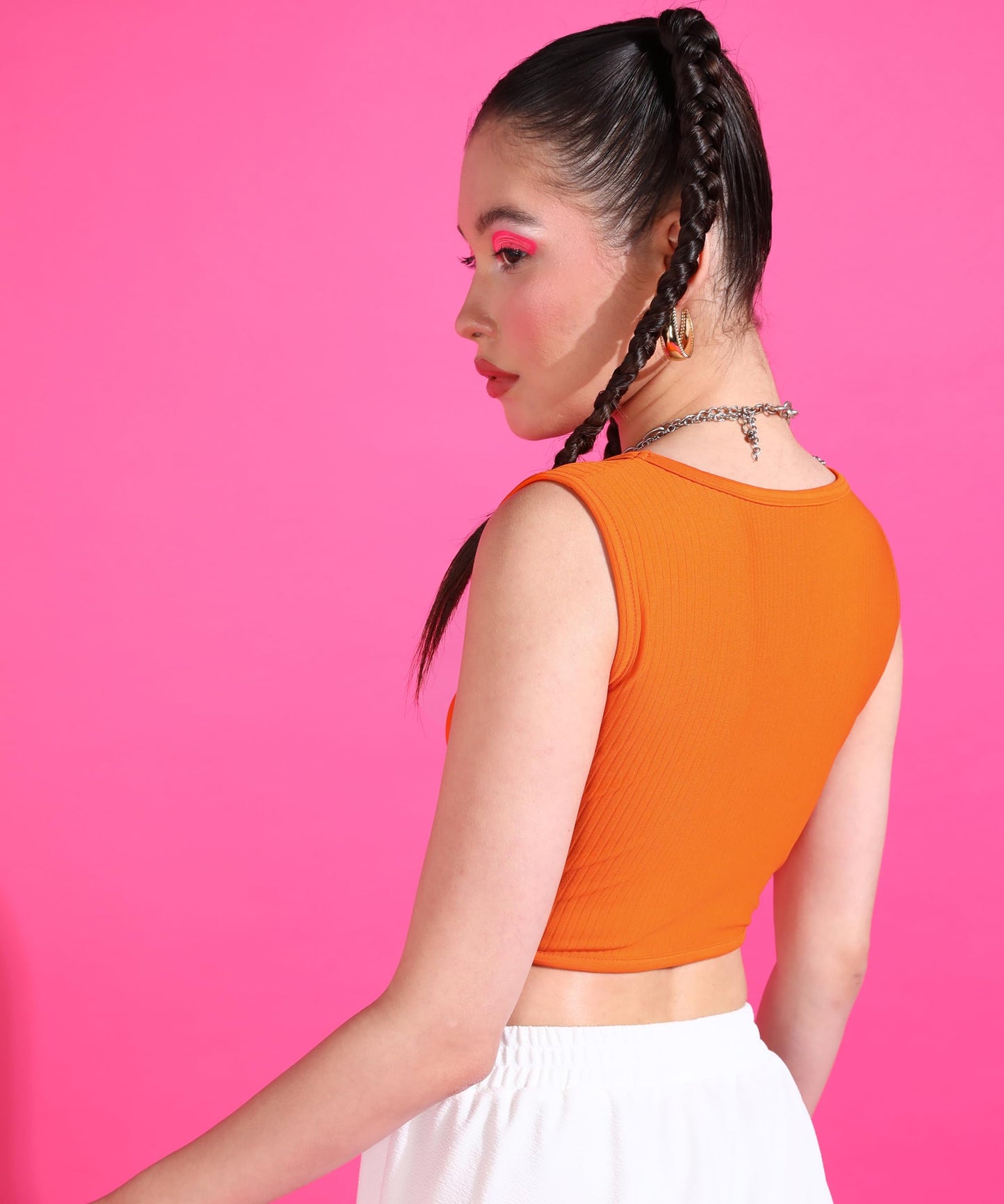 POPWINGS Women Casual Orange Corset Crop Top