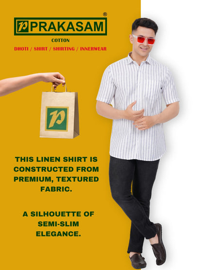 PRAKASAM COTTON Striped Design Cotton Linen Half Sleeve Shirt for Men/Formal Slim Fit Cotton Linen Half Sleeve Shirt for Men