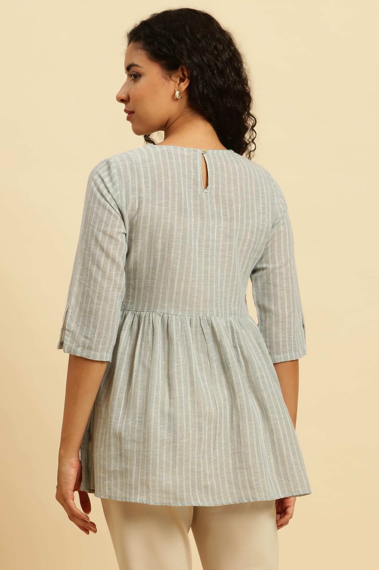 W Grey Striped Peplum Top For Women In Synthetic Material