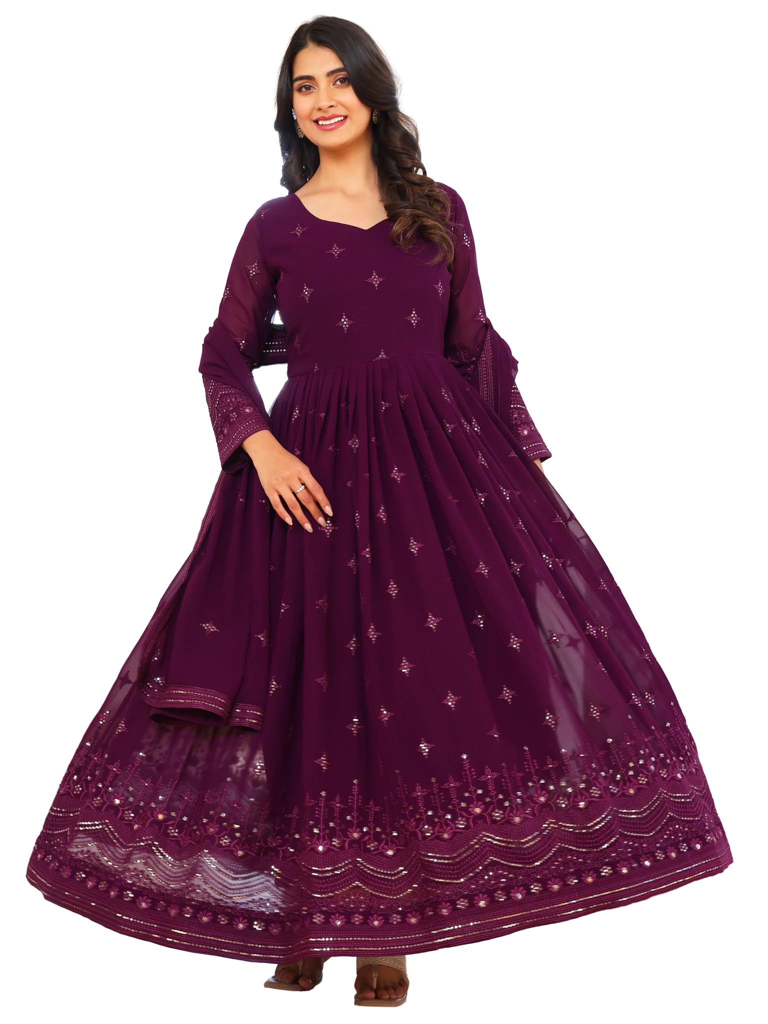 Fashion Basket WomenS Georgette Anarkali Lond Dress With Duptta Purple