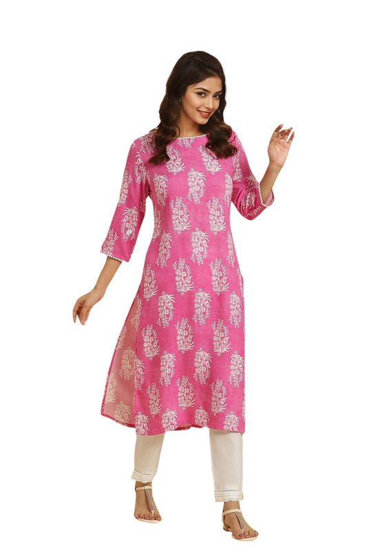 W Pink Floral Printed Rayon Straight Long Kurta for Women