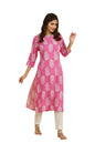 W Pink Floral Printed Rayon Straight Long Kurta for Women