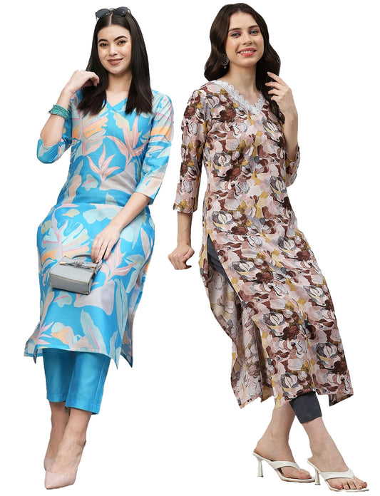 GoSriKi Women Cotton Blend Kurta With Pant Pack Of 2