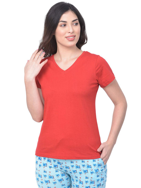 Clovia Womens Cotton Rich Solid Short Sleeve T-Shirt (LT0144P04_Red_S)